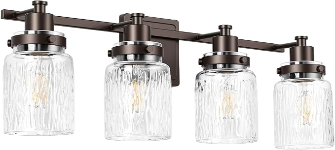4 Light Bathroom Vanity Light Fixtures Farmhouse Oil Rubbed Bronze | ETL Certificate, Easy to Install,Wall Mount Up or Down,Hammered Glass Lampshade,E26 Socket,Hardwired,120V