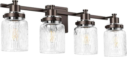 4 Light Bathroom Vanity Light Fixtures Farmhouse Oil Rubbed Bronze | ETL Certificate, Easy to Install,Wall Mount Up or Down,Hammered Glass Lampshade,E26 Socket,Hardwired,120V