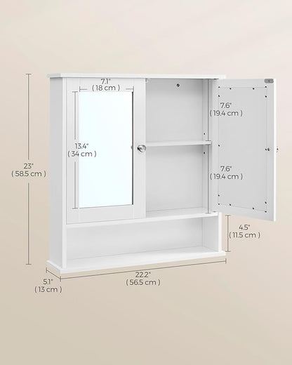 VASAGLE Bathroom Cabinet with Mirror, Wall Cabinet with 2 Mirrored Doors, Adjustable Shelf, Open Compartment, Wall-Mounted, 5.1 x 22.2 x 23 Inches, White ULHC002