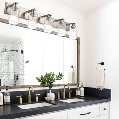 Bathroom Lights Fixtures Over Mirror, Brushed Nickel Vanity Lighting with 5 Seeded Glass Lampshades for Kitchen Living Room