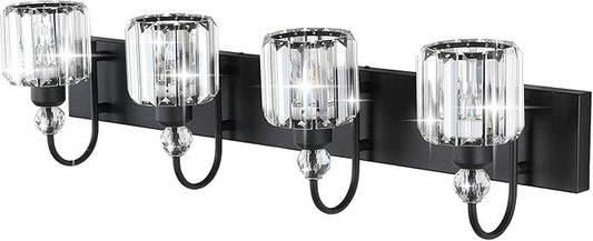Ralbay Modern Black Vanity Light - 4-Light Crystal Bathroom Wall Light Fixtures in Matte Black