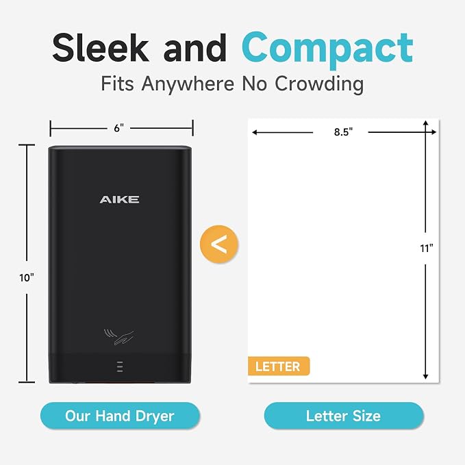 AIKE Compact Hand Dryer for Bathroom, ABS Polycarbonate 110V Black,AK2822 | High Speed Slim Blade Hand Dryer,Plug-in Easy Install and Compact Design,Smart Warm for Home Bathroom,No Paper Waste and Cost