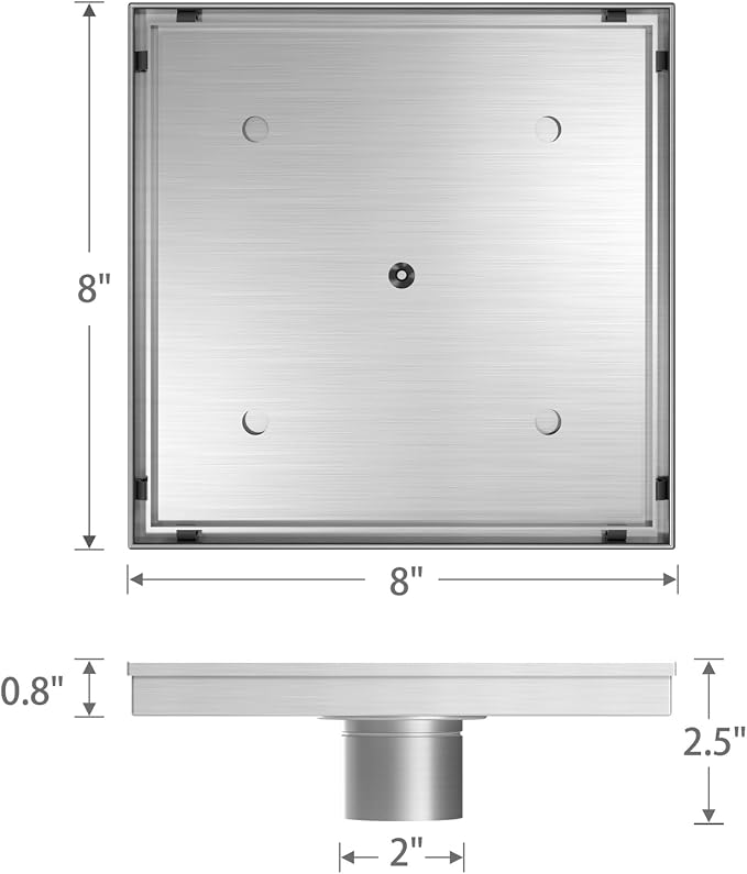 8 Inch Square Shower Drain with Tile Insert Grate, Brushed | 304 Stainless Steel, Square Tile Floor Drain for Bathroom, Removable Tile-In Drain Grate with Hair Strainer, cUPC Certified