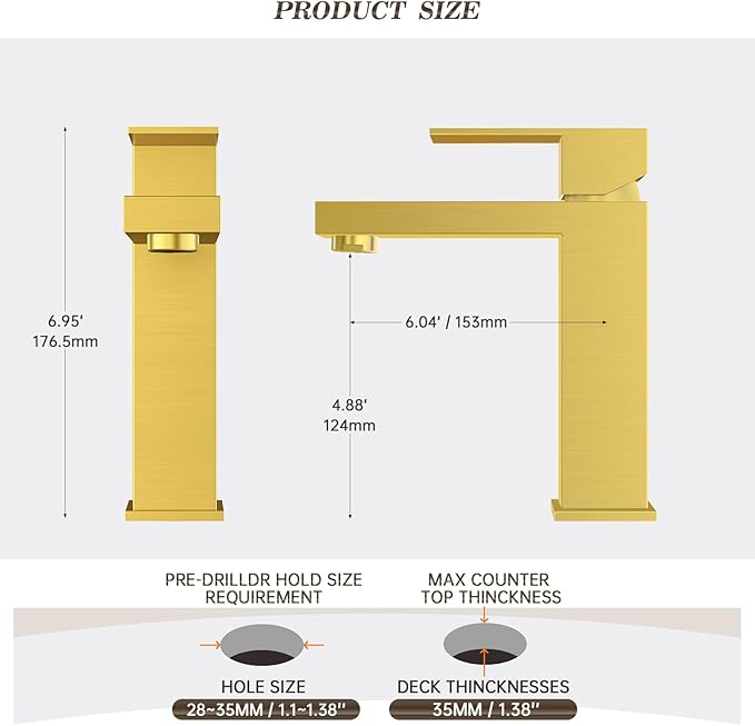 Phiestina Single Hole Brushed Gold Square Single Handle Bathroom Vanity Faucet with Metal pop up Drain with Deck Plate, Overflow & Water Supply line,BF3530-BG