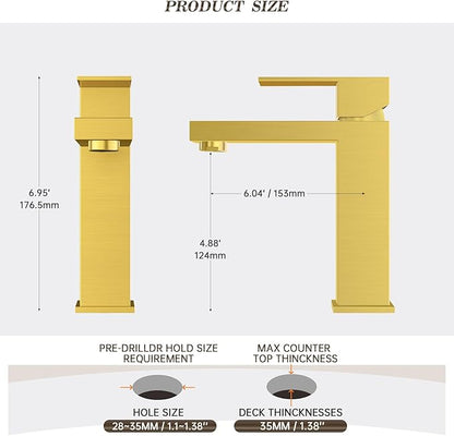 Phiestina Single Hole Brushed Gold Square Single Handle Bathroom Vanity Faucet with Metal pop up Drain with Deck Plate, Overflow & Water Supply line,BF3530-BG