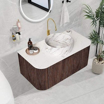 LKTART 36 Inch Floating Bathroom Vanity with Sink, Modern Wall Mounted Bathroom Storage Cabinet with Drawer, Stone Pattern Round White Ceramic Sink Top and Marble Texture Top, Walnut