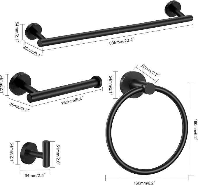 Matte Black 24in Stainless Steel Bathroom Hardware Set | Towel Bar Set , Bathroom Accessories Set Wall Mounted, Towel Racks for Bathroom, Towel Ring, Towel Hooks, Toilet Paper Holder