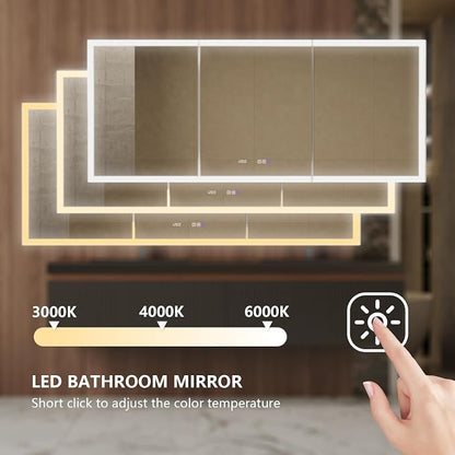 72 in. W Smart Lighted Medicine Cabinet with Mirror for Bathroom, Recessed/Surface Mount Medicine Cabinet with Anti-Fog, 1800W Charging Station, USB Ports, 3 Color Lights