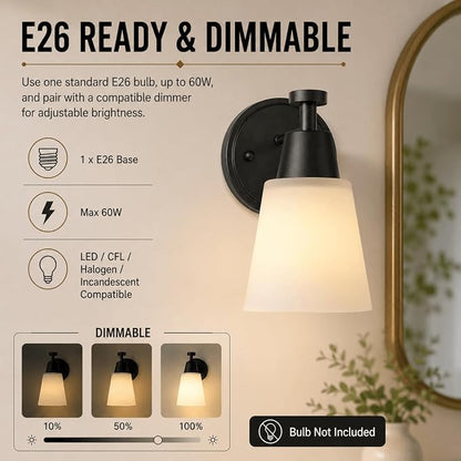 Wall Light Fixtures 2 Pack, Matte Black Vanity Lights with Milk Glass Shades, Modern Farmhouse Wall Sconces for Gallery, Mirror, Bedroom, and Bathroom