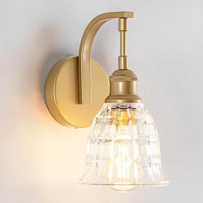 Gold Bathroom Wall Sconce, 1-Light Modern Brushed Gold Sconce Light Fixture | with Clear Glass Shade, Vintage Farmhouse Hardwired Wall Mount Lighting for Mirror Bedroom Hallway Kitchen Living Room