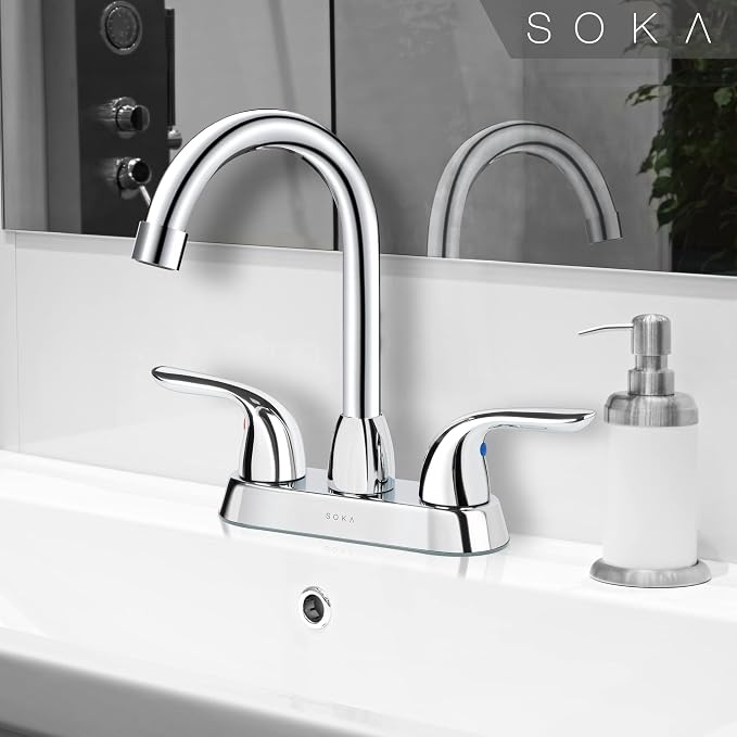 SOKA Two Handles Centerset Bathroom Faucet for Sink High Arc Stainless Steel with Deck Plate & Pop-Up Drain Assembly Fit 3 Hole Installation, Chrome (SK18001C)