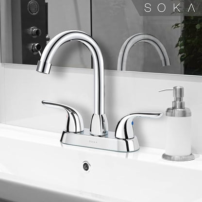 SOKA Two Handles Centerset Bathroom Faucet for Sink High Arc Stainless Steel with Deck Plate & Pop-Up Drain Assembly Fit 3 Hole Installation, Chrome (SK18001C)