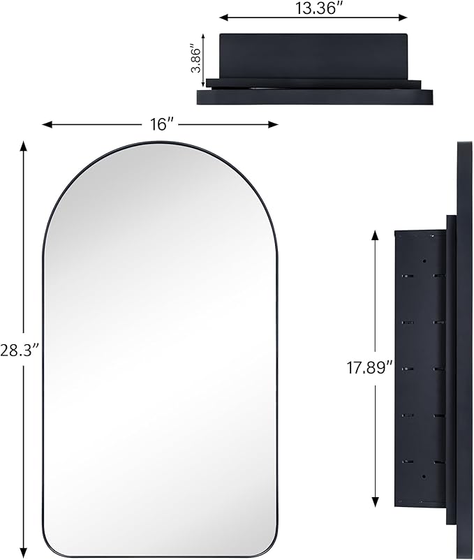 Chrome Arched Recessed Bathroom Medicine Cabinet with Mirror Stainless Steel Metal Framed Rectangular Bathroom Cabinet with Mirror 16x28.3''