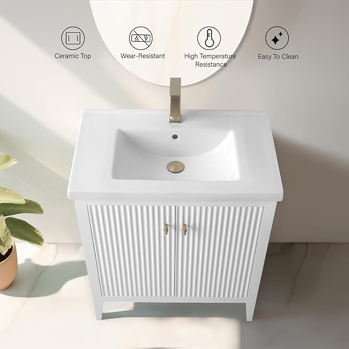 Vanity Art 30 inch Bathroom Vanity with Single Sink & Ceramic Top, Vanity Cabinet with Soft-Closing Door, Solid Wood Frame, Linear Pattern, White, Golden Brushed Handware VA9130-W-GB