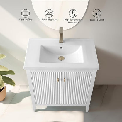 Vanity Art 30 inch Bathroom Vanity with Single Sink & Ceramic Top, Vanity Cabinet with Soft-Closing Door, Solid Wood Frame, Linear Pattern, White, Golden Brushed Handware VA9130-W-GB