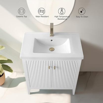Vanity Art 30 inch Bathroom Vanity with Single Sink & Ceramic Top, Vanity Cabinet with Soft-Closing Door, Solid Wood Frame, Linear Pattern, White, VA9130-W-MB,Matte Black Handles