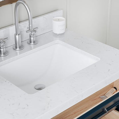 ARIEL Monroe 72-inch Bathroom Vanity with Sink,Solid Wood, 1.5-inch Carrara White Quartz Countertop & Backsplash, Double Oval Porcelain Sink, 9 Dovetail Drawers, Brushed Nickel, Midnight Blue