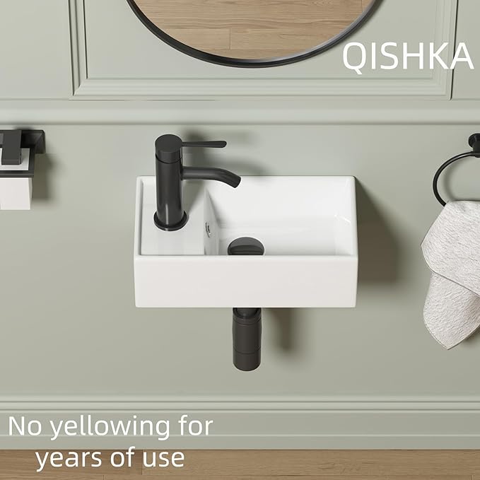 Small Wall Mount Bathroom Vessel Sink, QISHKA 15.5" X 8.5" Rectangular Floating Ceramic Wash Hand Basin- White Wall Hung Vanity Sink with Overflow for Small Bathroom (Left Hand)