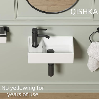 Small Wall Mount Bathroom Vessel Sink, QISHKA 15.5" X 8.5" Rectangular Floating Ceramic Wash Hand Basin- White Wall Hung Vanity Sink with Overflow for Small Bathroom (Left Hand)
