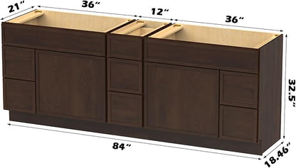 HomeBeyond 84 Inches Bathroom Vanity Base Cabinet Without Sink, Double Sink Top with Door & Soft Closing Drawers, Sturdy Floor Mounted Cabinet 2-Door 7-Drawer, Brown