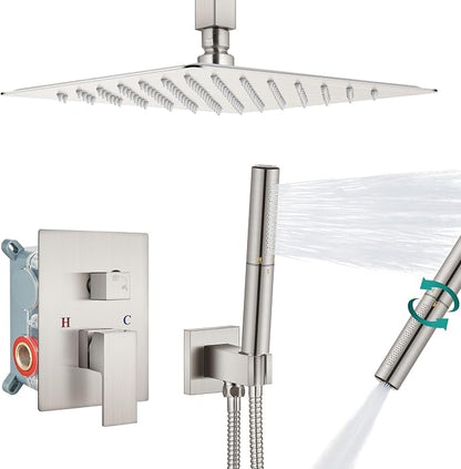 Aolemi Shower System with Rain Head and Handheld,12-Inch,Brushed Nickel | High-Pressure Shower Faucet Set with Dual-Function Handheld,Rough-In Valve,1.8 GPM,Ceiling Mount Trim Kit