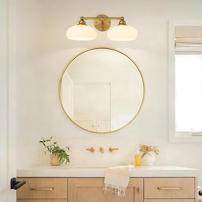 Bathroom Light Fixtures Over Mirror Vintage Gold Vanity Lighting Fixtures | Double Arm Vanity Lighting Fixtures 2 Light Antique Wall Light Fixture with Glossy Milk White Glass Shade for Bathroom