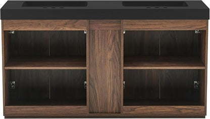 60 Inch Bathroom Vanity with Double Sink, Freestanding Double Sink Bathroom Vanity with Black Engineered Stone Top, Open Storage Cabinet & Adjustable Shelf, Walnut (3 Holes)