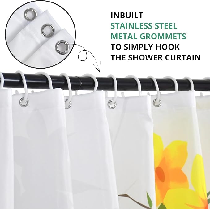 Yellow Floral Extra Long Shower Curtain, Flower Blossom Plant Botanical Spring Durable Waterproof Fabric Machine Washable with Hooks for Bathroom Bathtub 72Wx84H