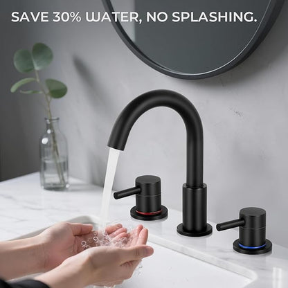 Bathroom Faucet 3 Hole, Matte Black Bathroom Sink Faucet with Pop Up Drain, 8 inch Widespread Bathroom Faucet with 360° Swivel Spout, 2 Handle Vanity Faucet with Water Supply Hoses