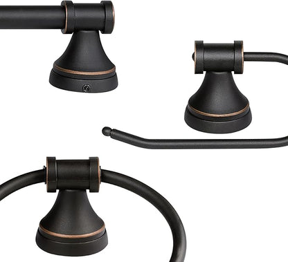 Globe Electric 50192 Parker 5-Piece All-In-One Bathroom Set, Oil Rubbed Bronze, 3-Light Vanity Light with Clear Glass Shades, Towel Bar, Towel Ring, Robe Hook, Toilet Paper Holder, Oil-rubbed Bronze