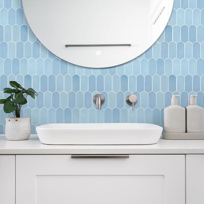 Vamos Tile Thicker Peel and Stick Backsplash Tile,Light Blue,10-Sheet | Self Adhesive Vinyl Wall Tiles with White Grout, Stick on Backsplash for Kitchen, Bathroom, RV,Laundry,11.1''x12''