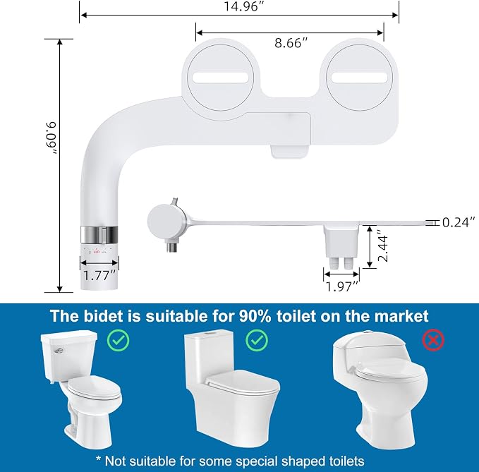 Bidet Attachment for Toilet, Non-Electric Dual Nozzle Bidet Sprayer with Adjustable Water Pressure, Cold Water Toilet Seat Attachment for Feminine and Personal Hygiene