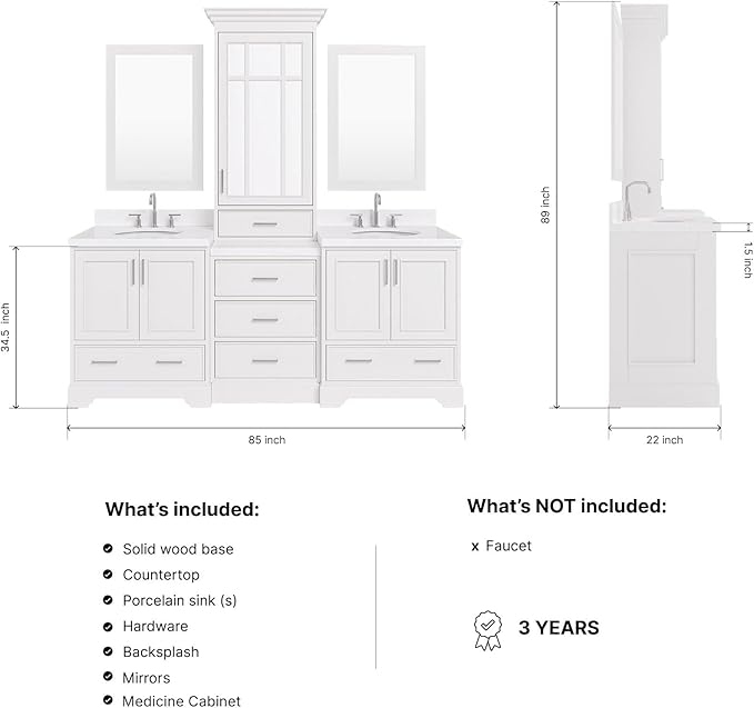 ARIEL Stafford 84-inch Bathroom Vanity with Sink,Solid Wood, 1.5-inch Carrara White Quartz Countertop & Backsplash, Double Oval Porcelain Sink, 5 Soft Closing Doors, 6 Dovetail Drawers, White