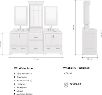 ARIEL Stafford 84-inch Bathroom Vanity with Sink,Solid Wood, 1.5-inch Carrara White Quartz Countertop & Backsplash, Double Oval Porcelain Sink, 5 Soft Closing Doors, 6 Dovetail Drawers, White