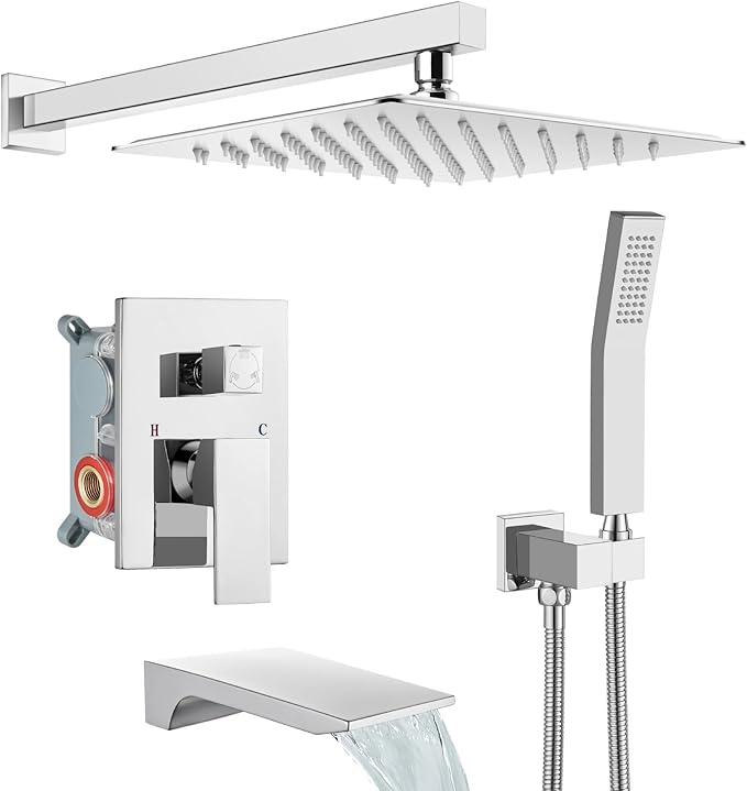 gotonovo Tub Shower Faucet Set with Valve 10'' Rain Head,Polished Chrome | Waterfall Tub Spout Shower System,Bathtub Faucet Set,SUS304 Rain Head with Handheld,Brass Valve Trim Kit,All Metal,Wall Mount