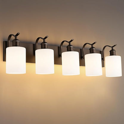 5 Light Bathroom Vanity Light, Morden Vanity Lighting Fixtures Over Mirror Oil Rubbed Bronze Bathroom Wall Sconce with Milky White Frosted Shade ZCVL01ORBW-5