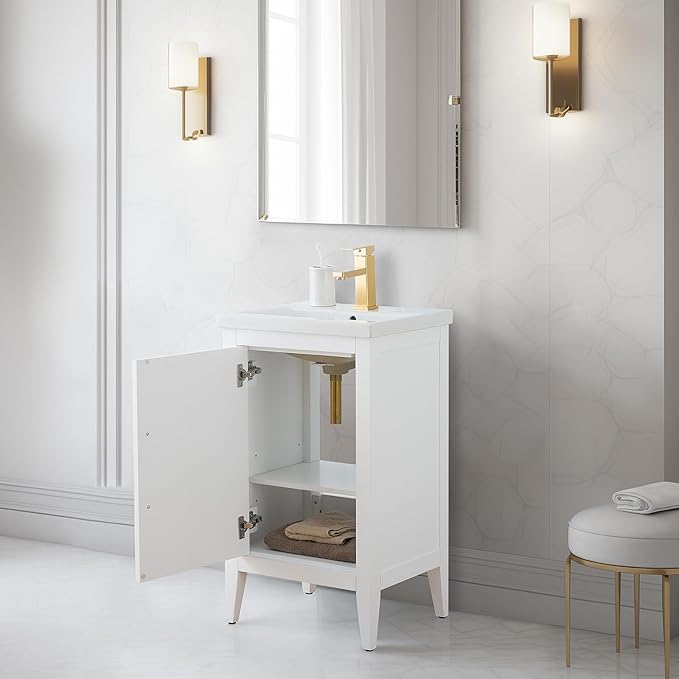 Vanity Art 20 inch Bathroom Vanity with Single Sink & Ceramic Top, Vanity Cabinet with Soft-Closing Doors, Solid Wood Frame, White, VA9020-W-BN1