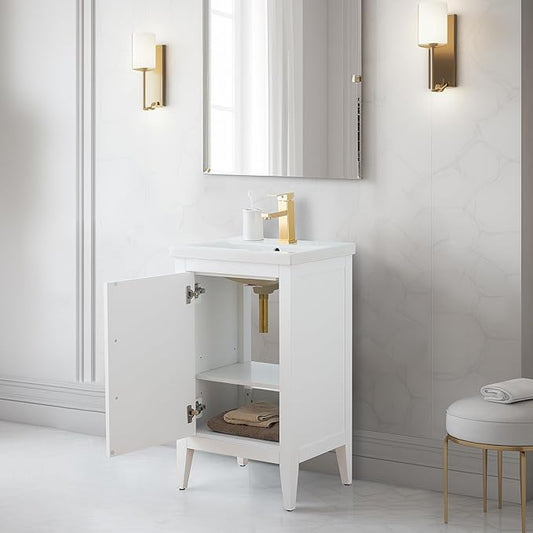 Vanity Art 20 inch Bathroom Vanity with Single Sink & Ceramic Top, Vanity Cabinet with Soft-Closing Doors, Solid Wood Frame, White, VA9020-W-BN1