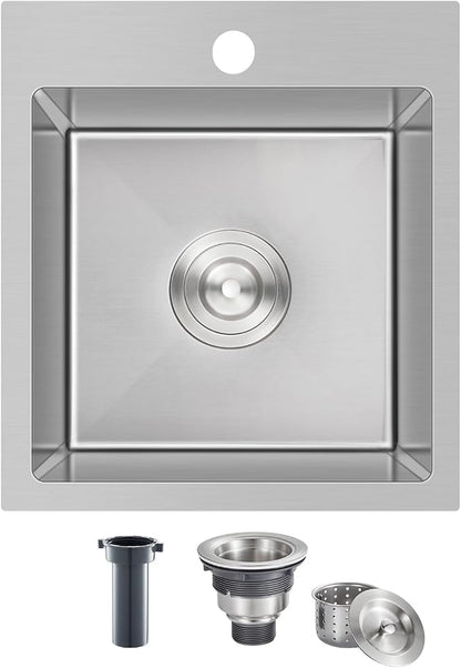 15"x17" Drop-In Single Bowl Bar Sink 304 Stainless Steel | 15"x17" Drop-in Sink | 304 SS | Topmount | Single Bowl | Single Faucet Hole | 8" Deep Basin | Brushed | Bar/Coffee Station