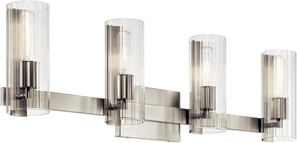 Kichler Jemsa 4 Light Vanity, Modern Light with Clear Fluted Glass in Brushed Nickel for Bathroom or Powder Room (9.75" x 32"), 55169NI