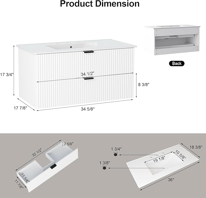 Bathroom Vanity 36 inch with Sink, Floating Bathroom Vanity, White Ceramic Sink & Double Drawers, Soft-Close Design, Wall Mount Bathroom Cabinet, Modern Floating 36" Vanity
