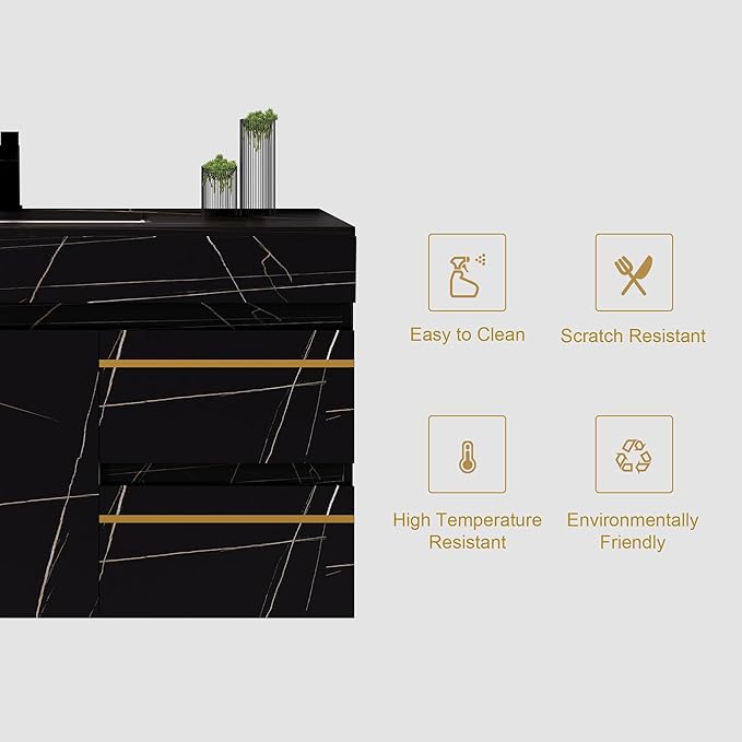Pvillez 36 inch Bathroom Vanity with Ceramic Sink and Sinter Stone Marble Counter Top Modern Black Wall Mounted Floating Bathroom Sink Cabinet with 2 Drawers, 1 Cupboard and Gold Metal