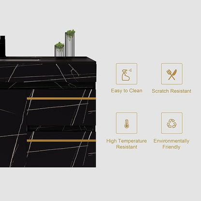 36" Bathroom Vanity in Faux Marble Modern Wall Mounted Floating Bathroom Vanities Set with Ceramic Sink 36-inch Wood Modern Bathroom Sink Stroage Cabinet with Gold Metal Handle