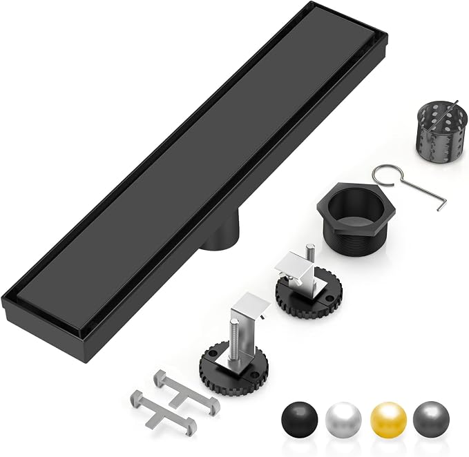 DLONE® Linear Shower Drain - 18 Inch Matte Black, with Tile Insert Panel | AISI 304 Stainless Steel Linear Drain, Rectangle Shower Floor Drain, with Adjustable Feet, Fits Bathroom & Balcony etc