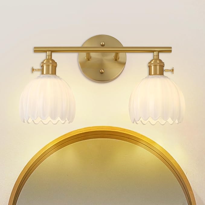 Gold 2 Light Bathroom Vanity Light,14.9in Modern Bathroom Lighting Fixtures Over Mirror with Milky White Tulip Crystal Glass Shade,Brass Vintage Vanity Lights for Bathroom Living Room Bedroom