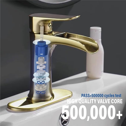 Yundoom Brushed Gold Bathroom Faucet - Single Hole Or 3 Hole, Farmhouse Rv Brass, Waterfall Design, 4 Inch Deck Plate