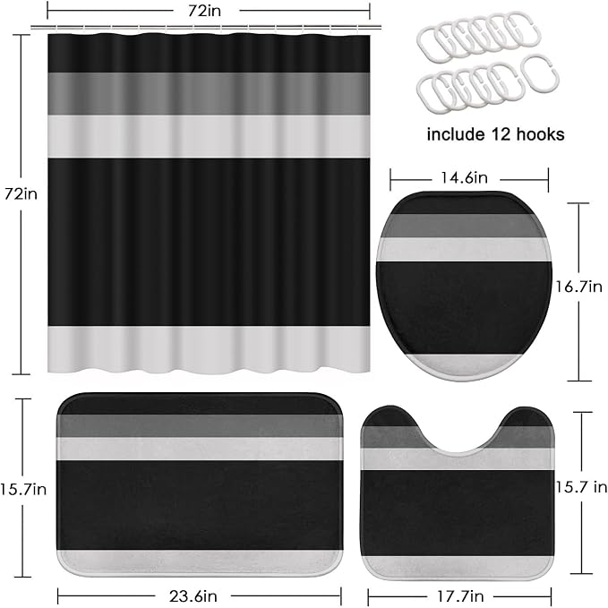 Geometric Bathroom Sets with Shower Curtain and Rugs, 4 Pcs, | Striped Minimalist Modern Black Bathroom Decor Set with Toilet Lid Cover, Non-Slip Bath Mats and Accessories 12 Hooks