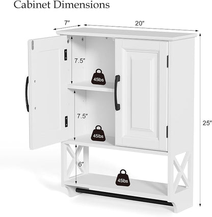 20" x 25" Bathroom Wall Cabinet with Towel Bar, White Painted Wall Mounted Storage Cabinet with Adjustable Shelf, Over The Toilet Medicine Cabinet, Wood Wall Cabinet for Bathroom Laundry Room