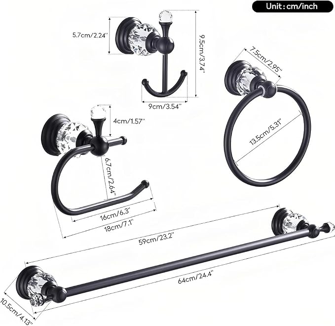 Black Crystal Bathroom Hardware Adjustable 24 Inch Towel Bar Set Toilet Paper Holder Towel Ring Coat Hooks Bathroom Accessories 4 Pieces Wall Mounted