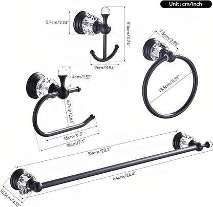 Black Crystal Bathroom Hardware Adjustable 24 Inch Towel Bar Set Toilet Paper Holder Towel Ring Coat Hooks Bathroom Accessories 4 Pieces Wall Mounted